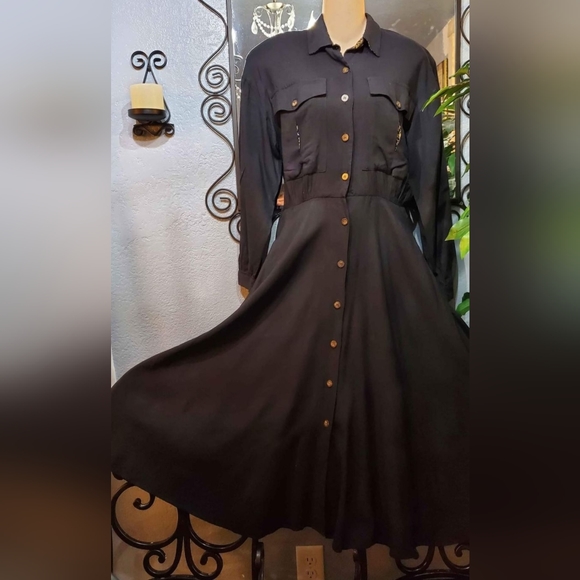 Vintage 70s80s Studio I Black Longsleeved Flowy Rayon Shirt Dress Midi Sz 6 - Picture 4 of 7